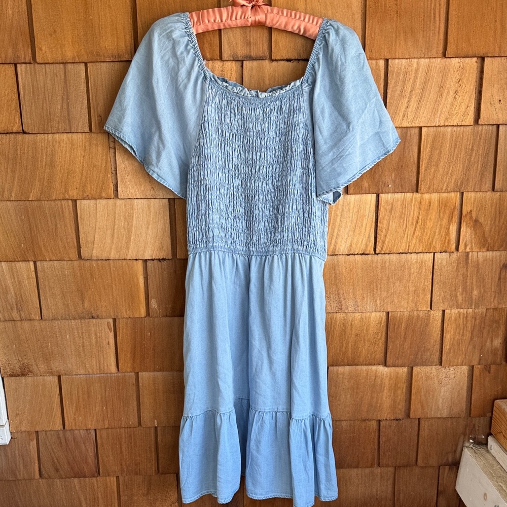 Smocked Light Blue Midi Dress with Flutter Sleeves